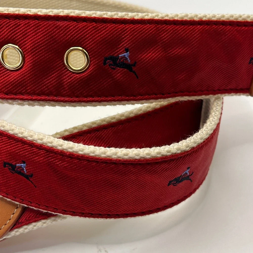 J.McLaughlin Red Canvas Belt with Equestrian Motif Gold Buckle Mens Size‎ M